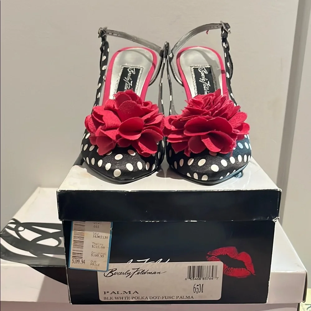 Beverly Feldman Women's Black and White Polka Dot Heels with Red Floral Accent - Picture 1 of 5